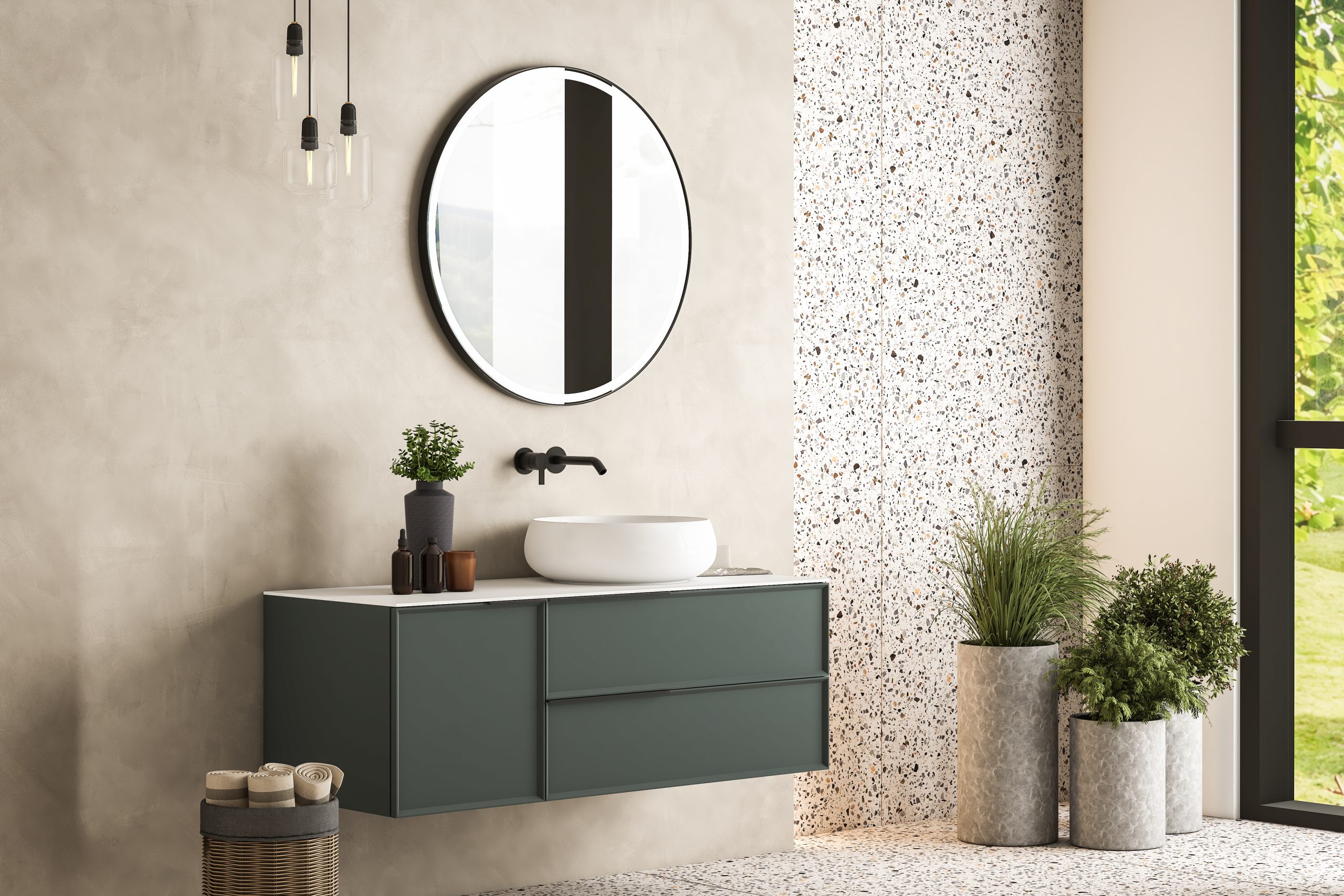 Modern minimalist bathroom interior,green bathroom cabinet, white sink, wooden vanity, interior plants, bathroom accessories, white bathtub, concrete wall, terrazzo flooring.3d rendering